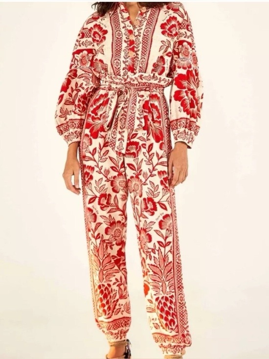 FARM Rio Pants - FARM Rio Red Tropical Tapestry Print Long Sleeve Belted Jumpsuit